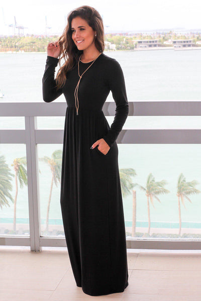 Long Sleeve Black Maxi Dress with Pockets | Maxi Dresses – Saved by the  Dress